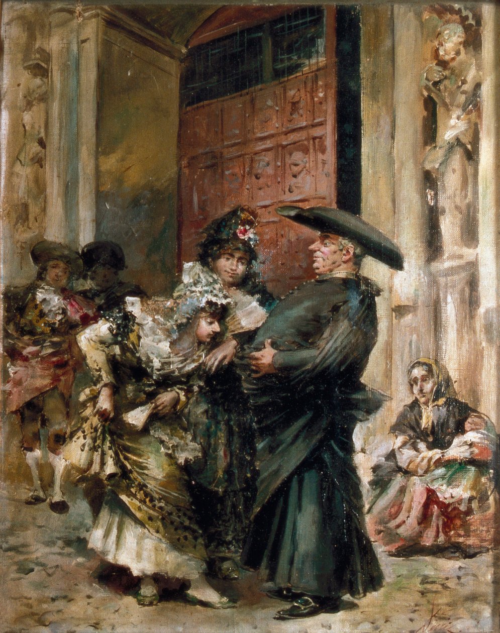 ""Messens udgang"": to kvinder undersøger maven af ​​en kur ved udgangen af ​​en kirke. Maleri af Jose Denis Belgrano (1844-1917), 2. halvdel af det 19. århundrede. Olie på lærred. af Jose Denis Belgrano