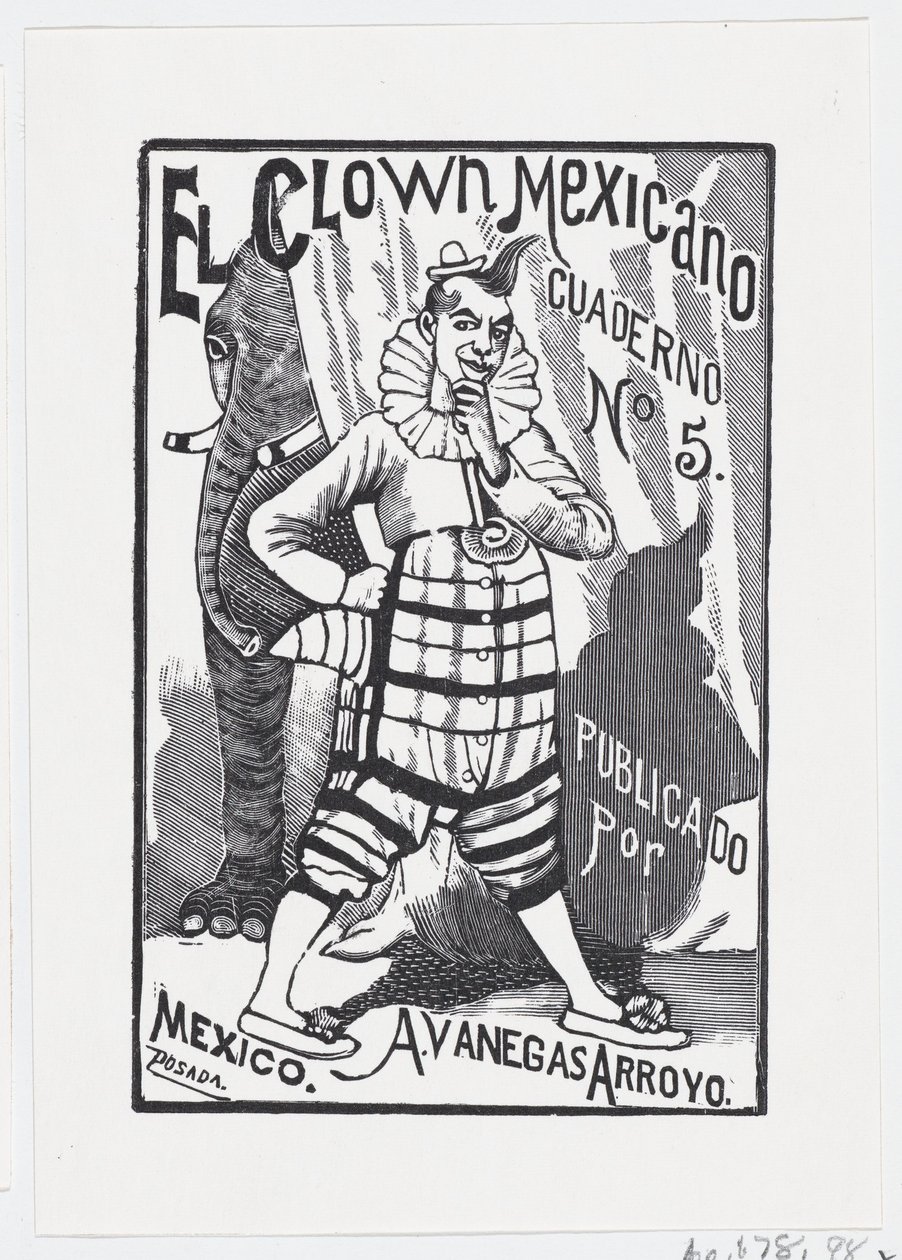 En klovn, der står med en hånd på hoften og en elefant, der kigger ud bagfra..., ca. 1880-1910. af José Guadalupe Posada