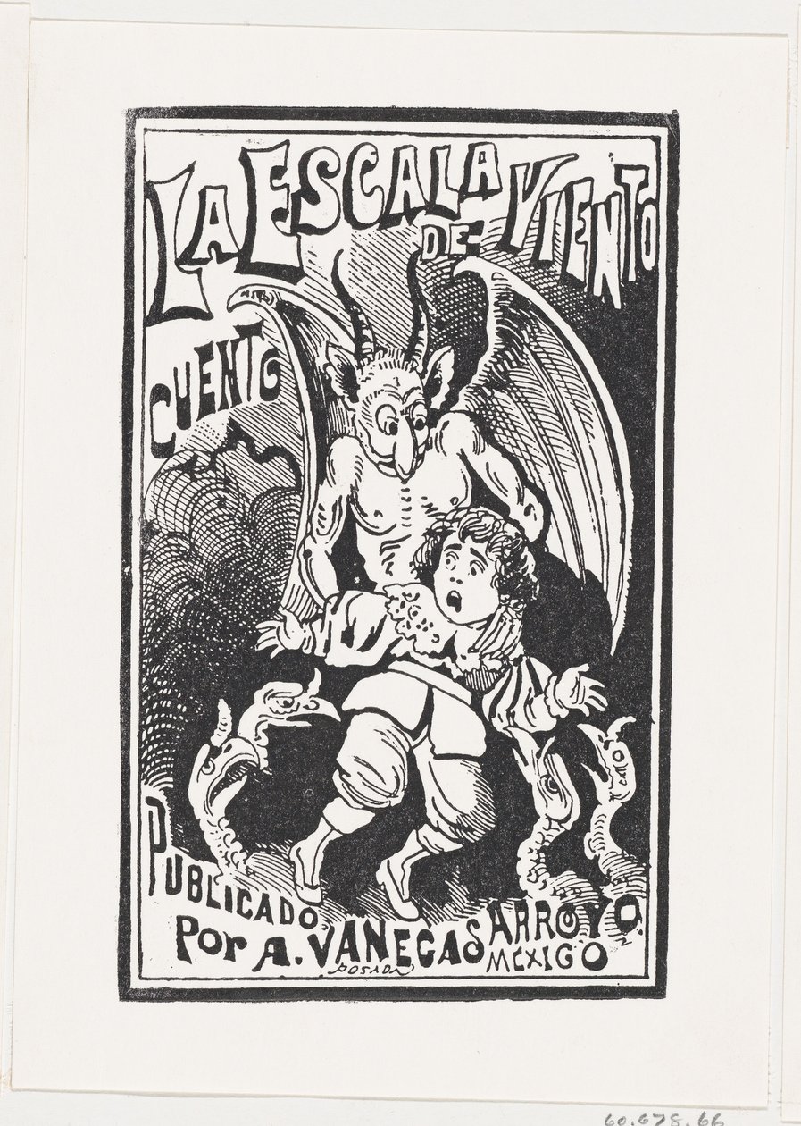 En dæmon holder en ung dreng ved sine skuldre over en gruppe gribbe, illustrati..., ca. 1880-1910. af José Guadalupe Posada