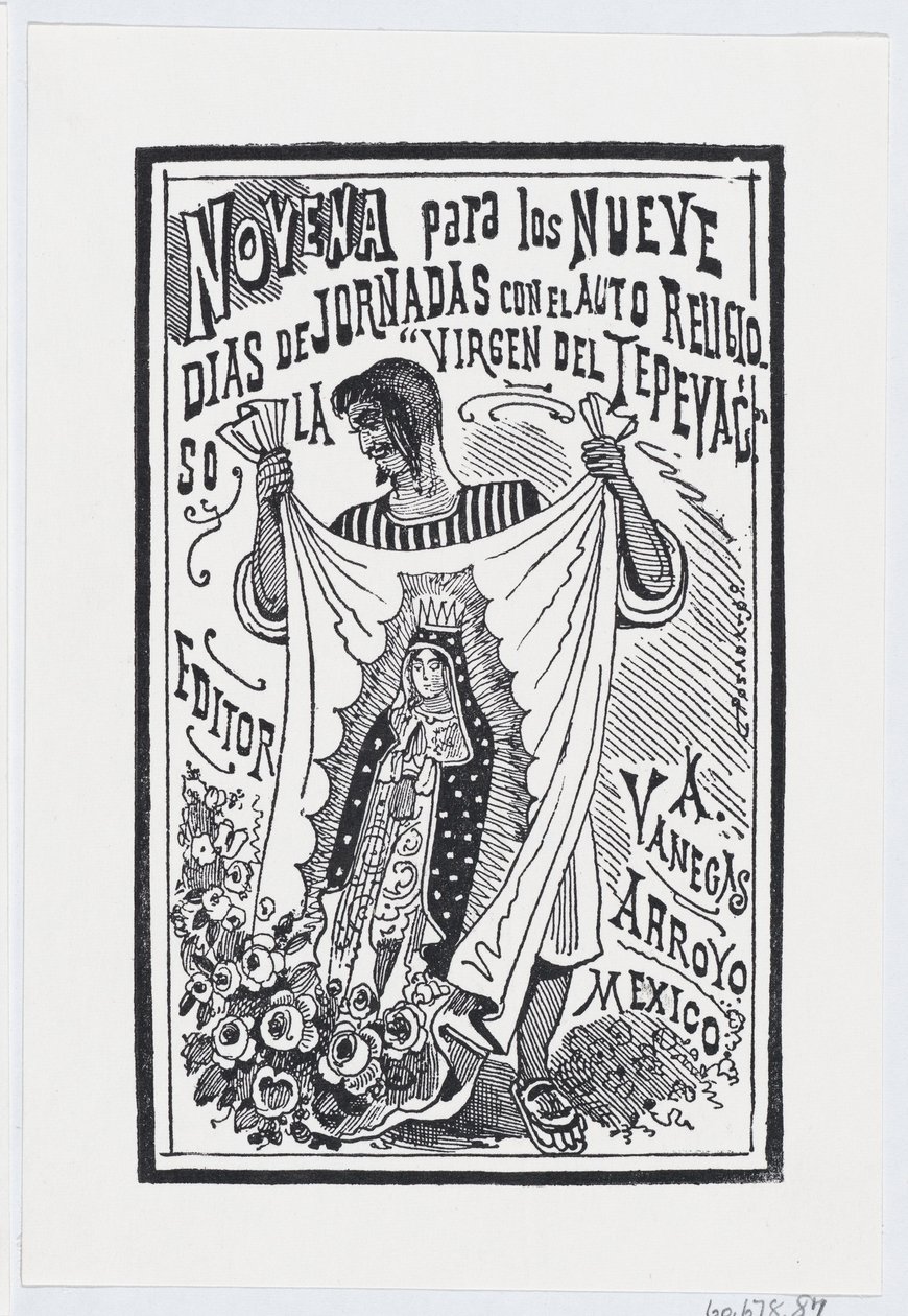 En mand holder et stykke stof op med et billede af Jomfruen, illustration til ..., ca. 1880-1910. af José Guadalupe Posada