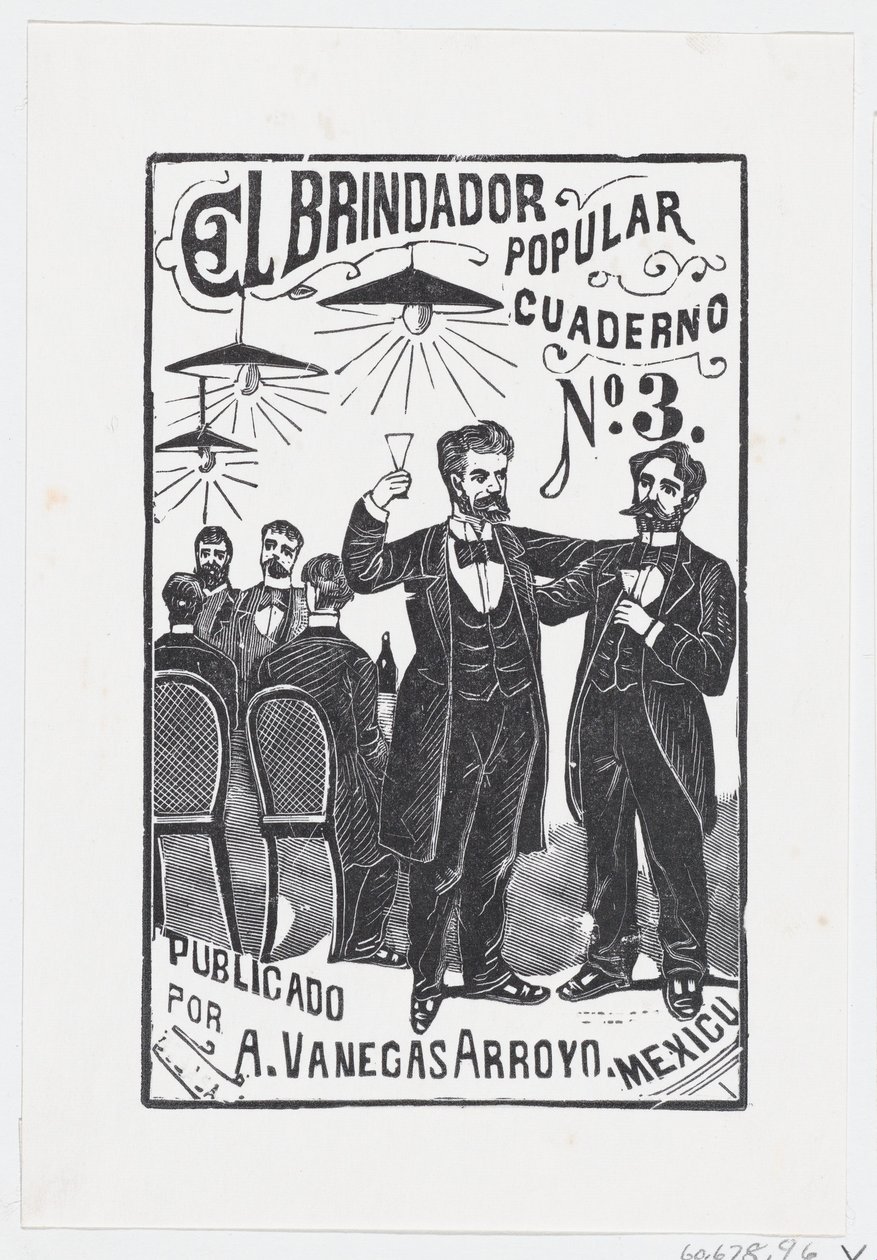 En mand hæver sit glas med en gruppe mænd, der sidder ved et bord i baggrunden,..., ca. 1890-1899. af José Guadalupe Posada