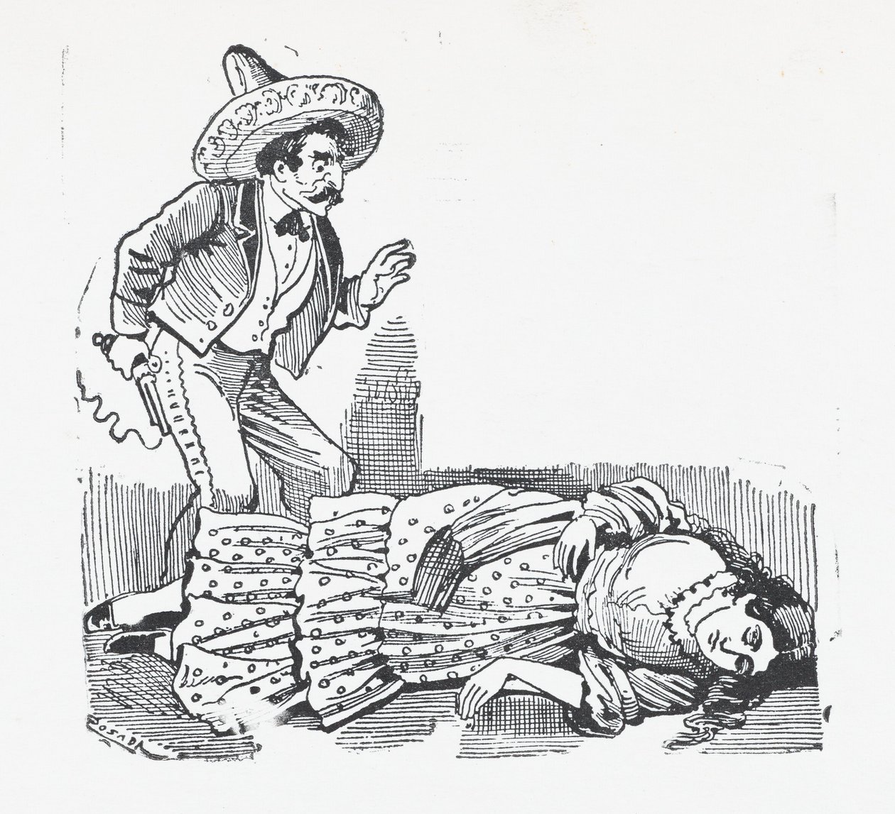 En mand med en pistol stående over en kvinde, han lige har skudt, ca. 1880-1910., ca. 1880-1910. af José Guadalupe Posada