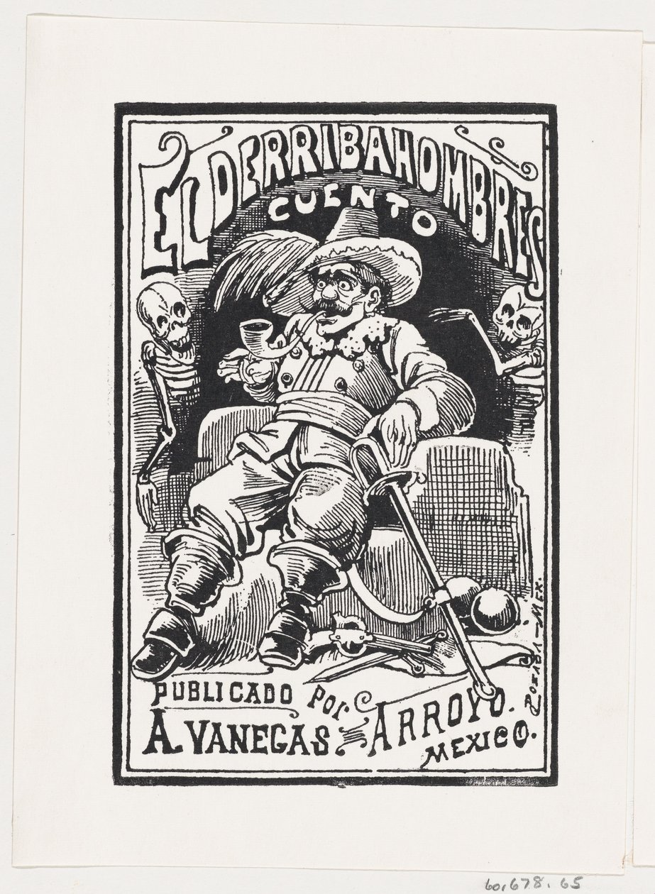 En mand med våben og et rør i munden flankeret af to skeletter, illustration..., ca. 1880-1910. af José Guadalupe Posada