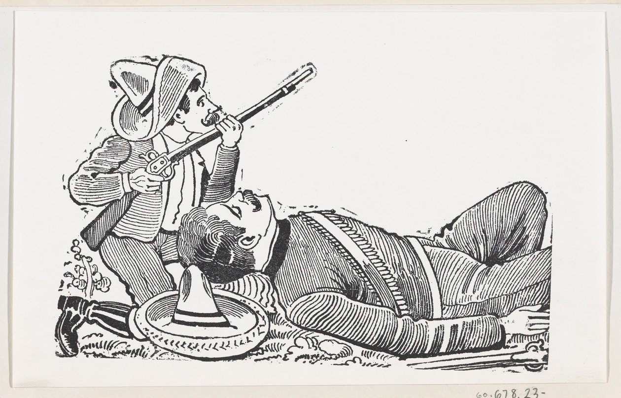 En revolutionær, der holder en riffel og knæler for at beskytte en falden revolutionær, c..., ca. 1880-1910. af José Guadalupe Posada