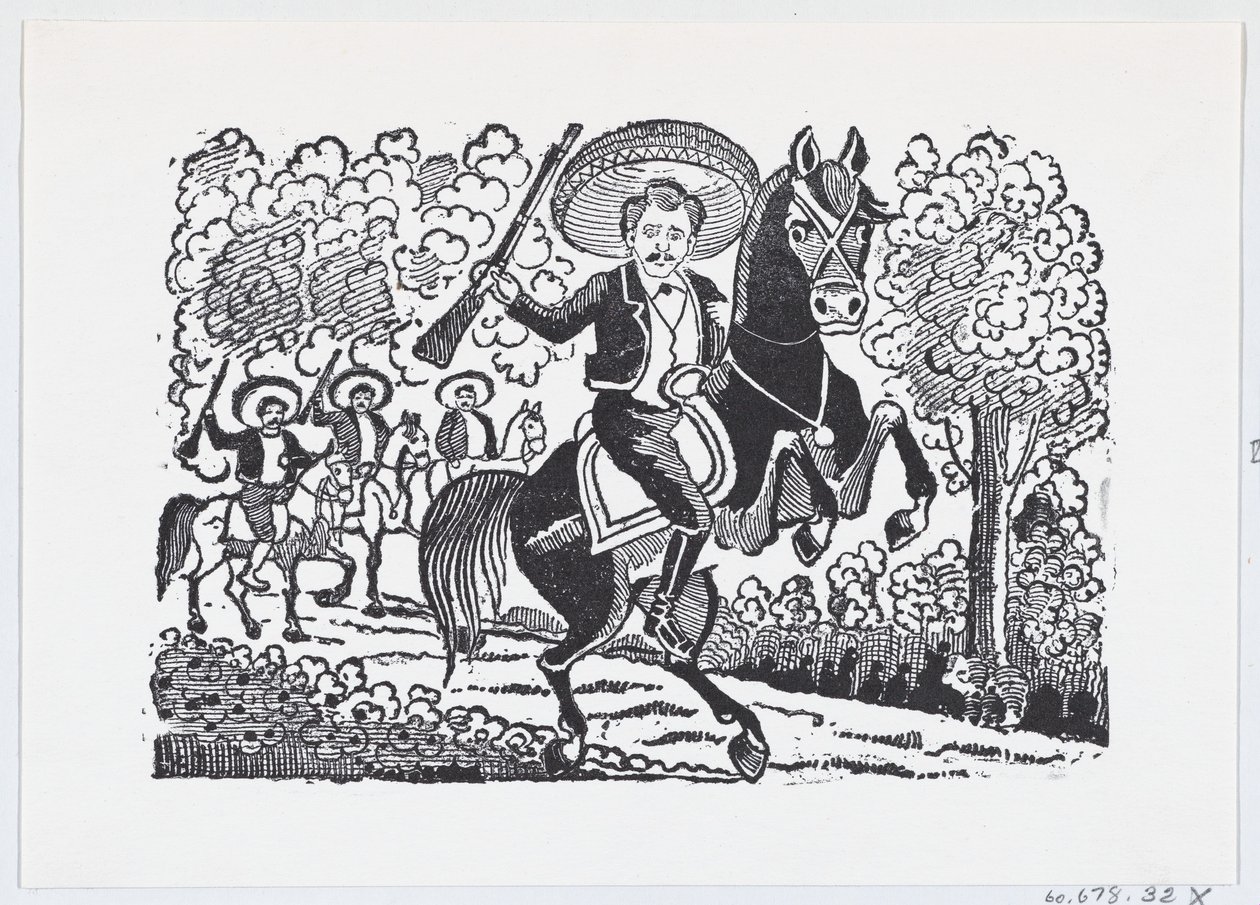 En revolutionær soldat på hesteryg med en rifle Heraclio Bernal, ca. 1880-1910., CA. 1880-1910. af José Guadalupe Posada