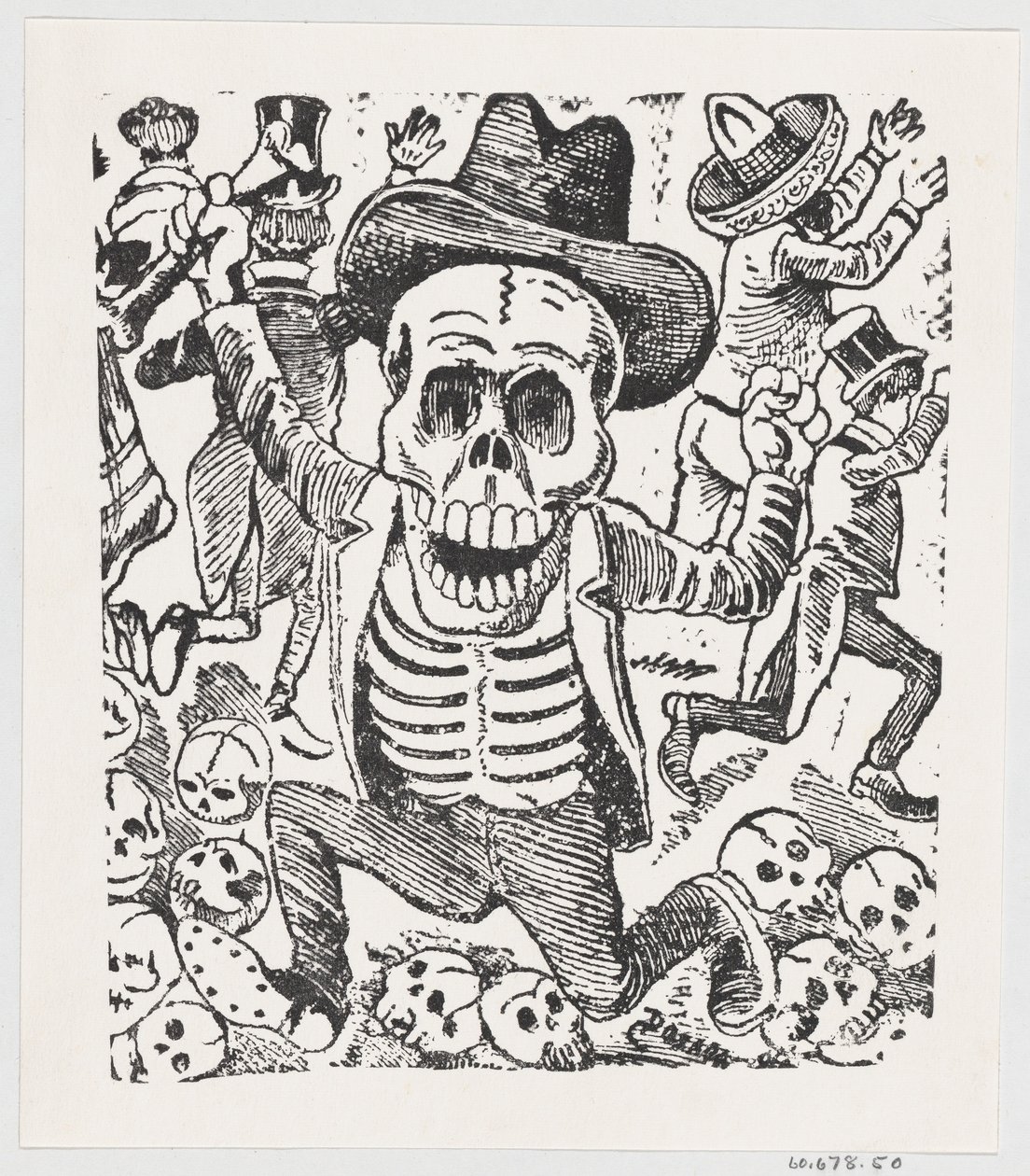 Et skelet, der holder en knogle og springer over en bunke kranier, mens folk flygter, fr..., ca. 1907. af José Guadalupe Posada