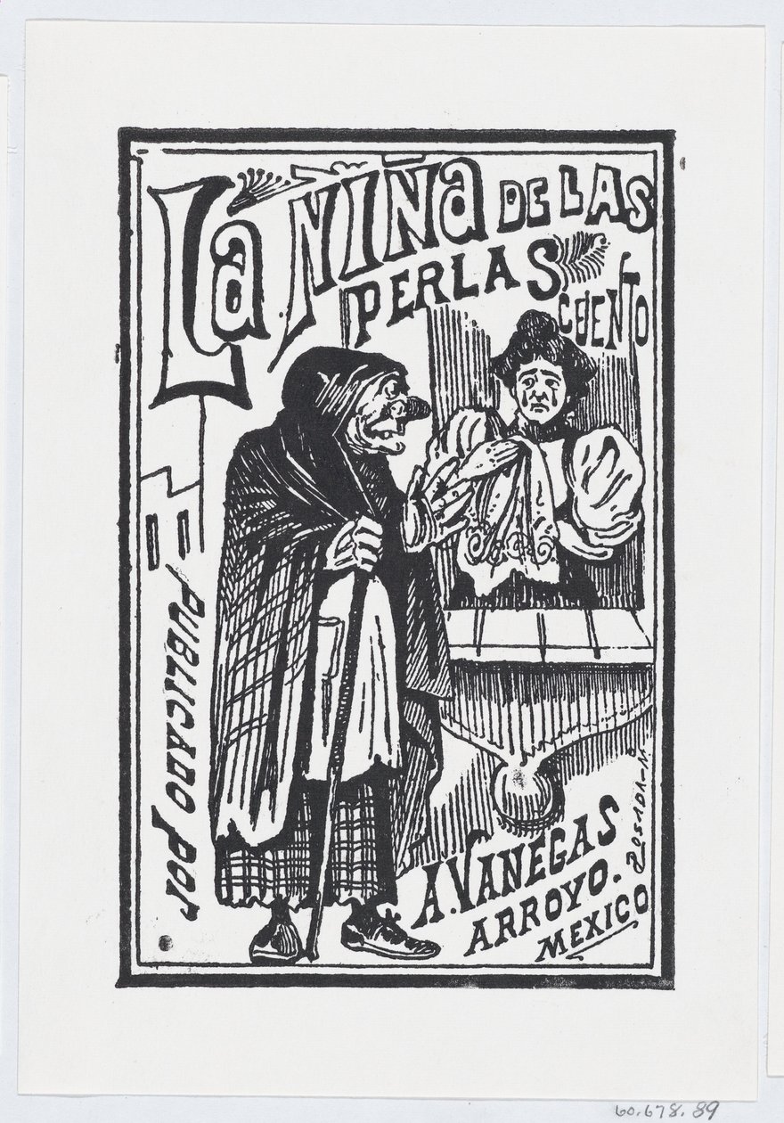 En kvinde, der græder med et lommetørklæde i hånden, taler med en gammel hage, illustration..., ca. 1880-1910. af José Guadalupe Posada