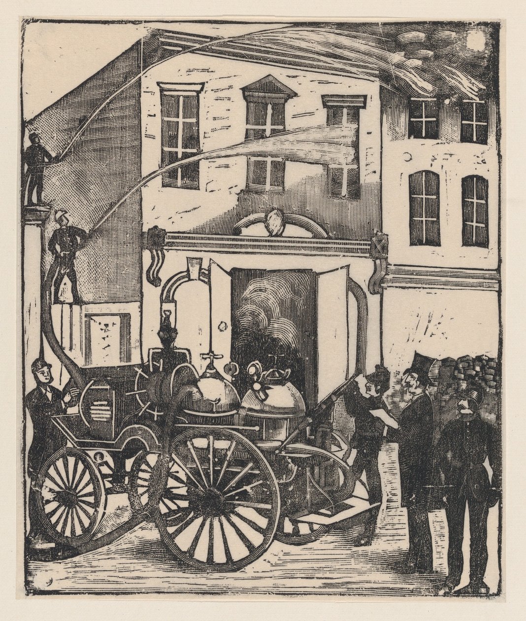 Brandmænd slukker en brand i et hus, brandbil i forgrunden, ca. 1880-1910., ca. 1880-1910. af José Guadalupe Posada