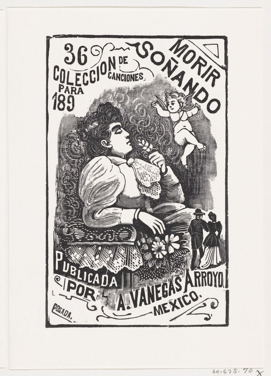 Profil af en kvinde, der sidder i en stol med hovedet tilbage og holder en blomst, il..., ca. 1890. af José Guadalupe Posada