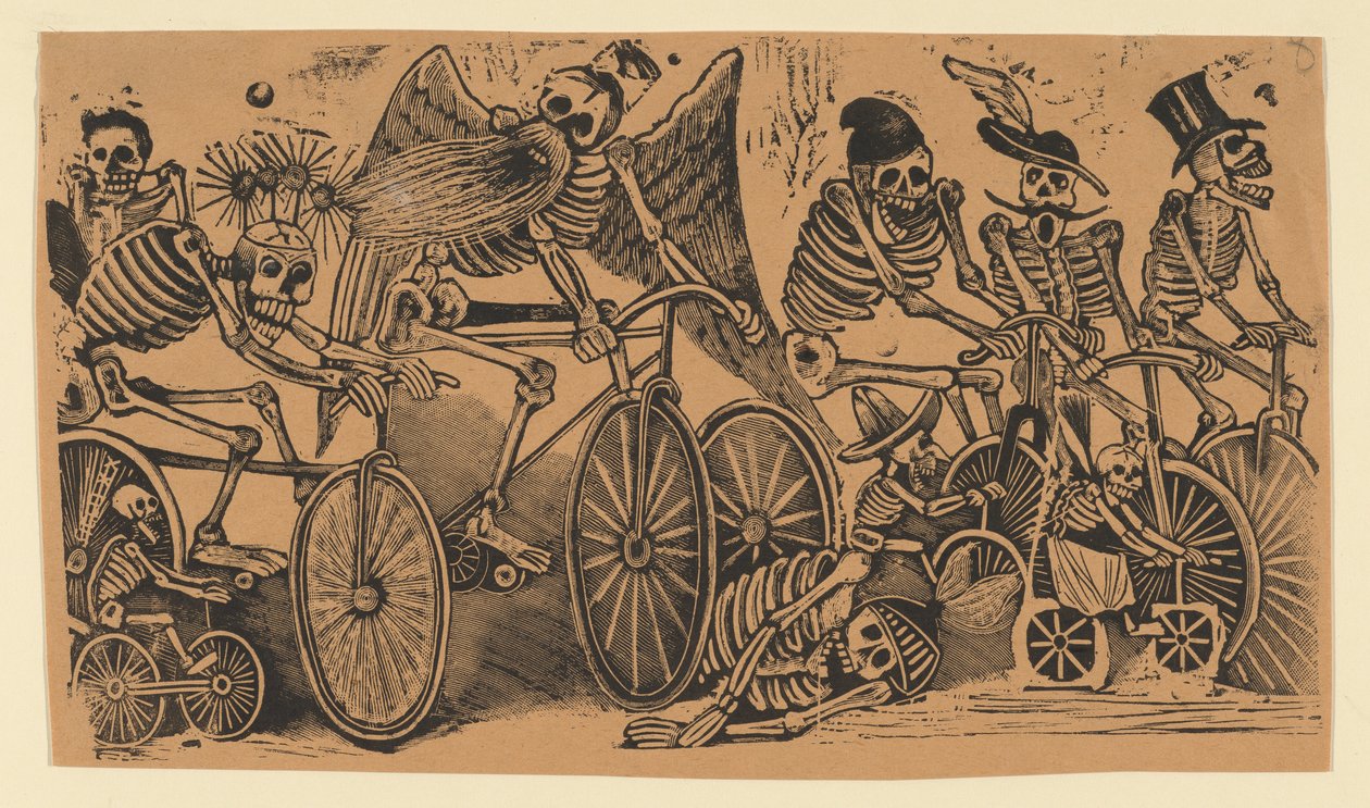 Skeletter calaveras ridende cykler, ca. 1900., ca. 1900. af José Guadalupe Posada