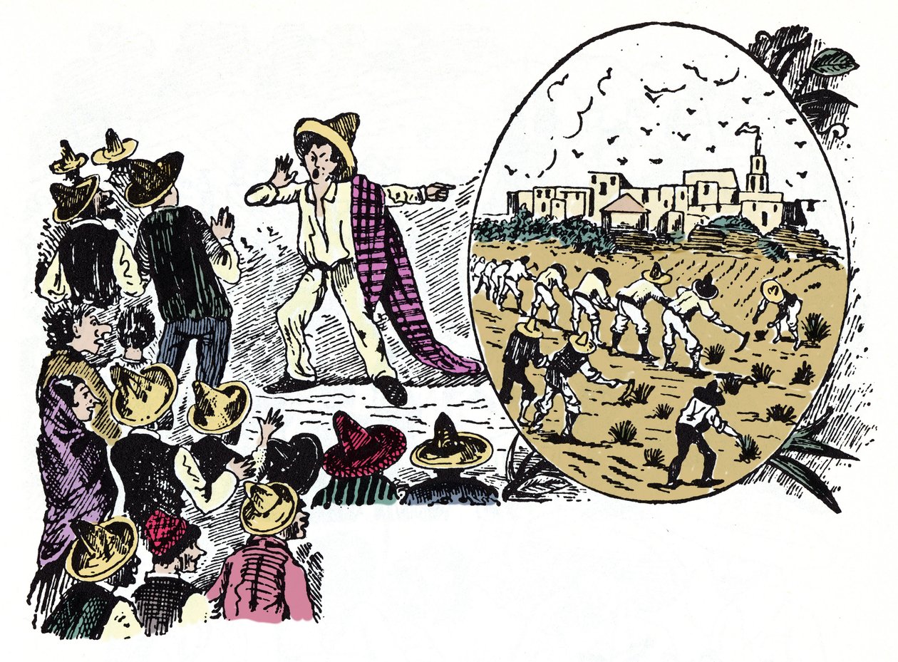 Den mexicanske revolution (1910-1920): historie om hårdt arbejde af en af arbejderne i Valle Nacional, omkring 1908 - Xylografi af Jose Guadalupe Posada (1852-1913) af José Guadalupe Posada
