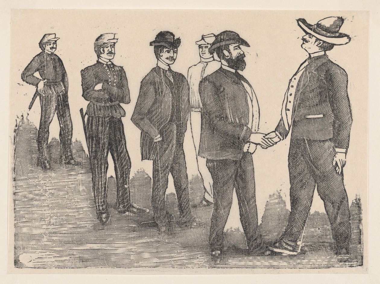 To mænd giver hånd i forgrunden og betjente ser på dem i baggrunden..., ca. 1880-1910. af José Guadalupe Posada