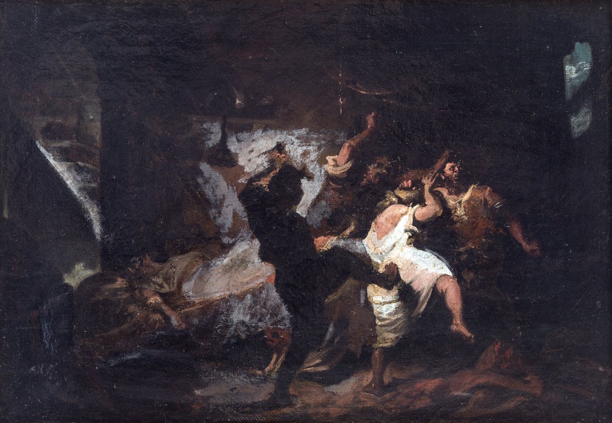Scene extraite de Don Quichotte de Cervantes - Scene fra Don Quixote de la Mancha af M. de Cervantes, af Jimenez Aranda, Jose (1837-1903). olie på lærred af José Jiménez Aranda