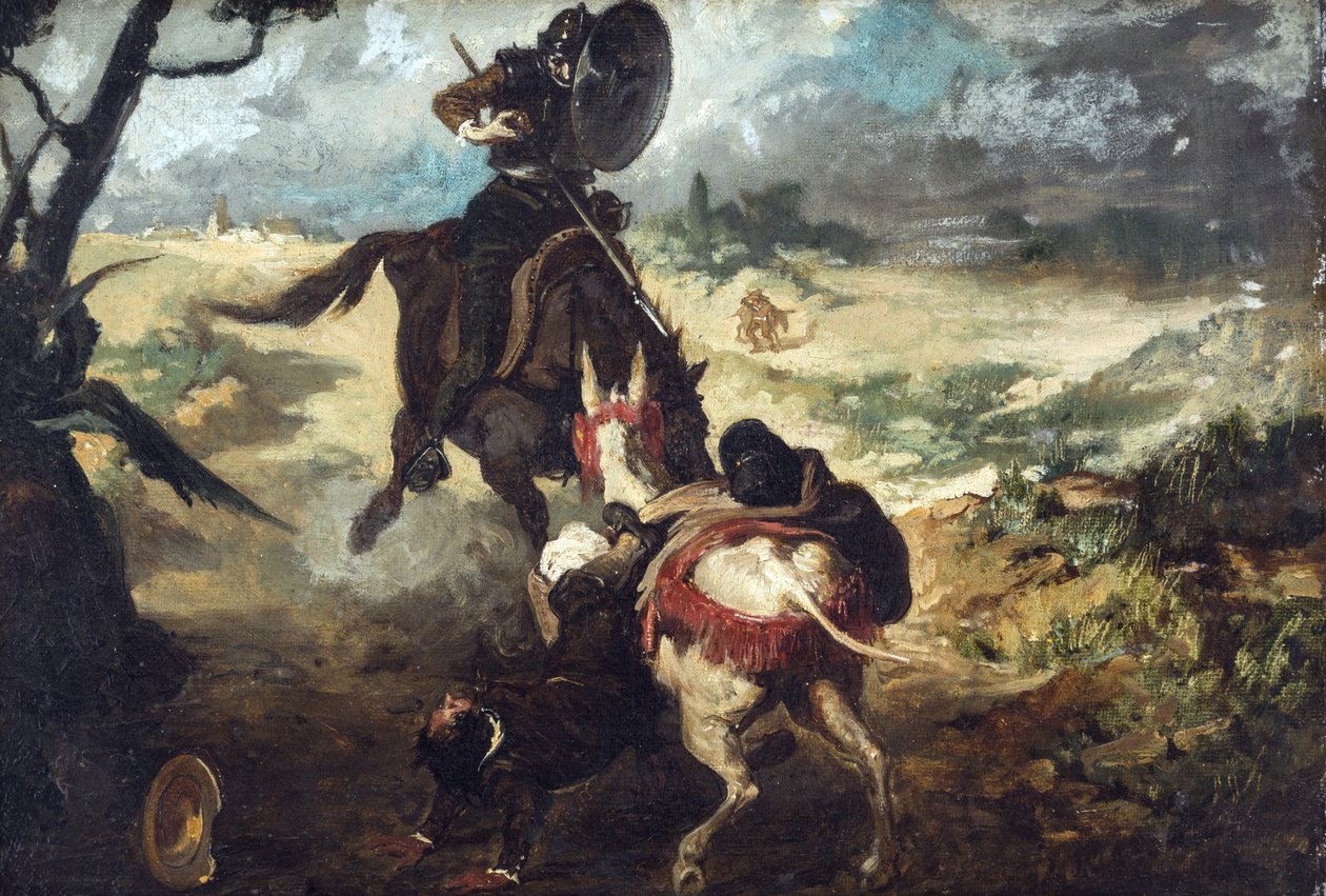 Scene extraite de Don Quichotte de Cervantes - Scene fra Don Quixote de la Mancha af M. de Cervantes, af Jimenez Aranda, Jose (1837-1903). olie på lærred af José Jiménez Aranda