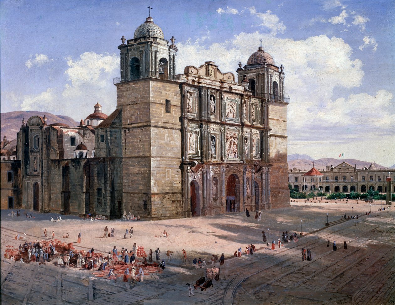 Udsigt over katedralen i Oaxaca, Mexico (maleri af José María Velasco