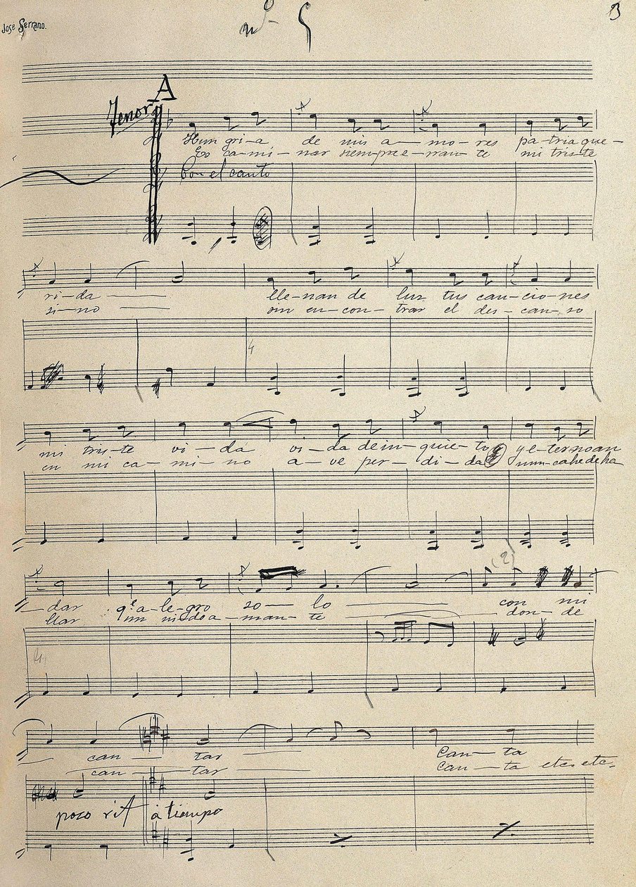Originalt manuskript af romantik for tenor af zarzuela, "Alma de Dios", af Jose Serrano (1873-1941) af José Serrano