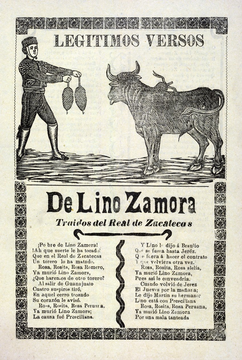 Legitime vers af Lino Zamora hentet fra Real de Zacatecas, udgivet 1903 af José Guadalupe Posada