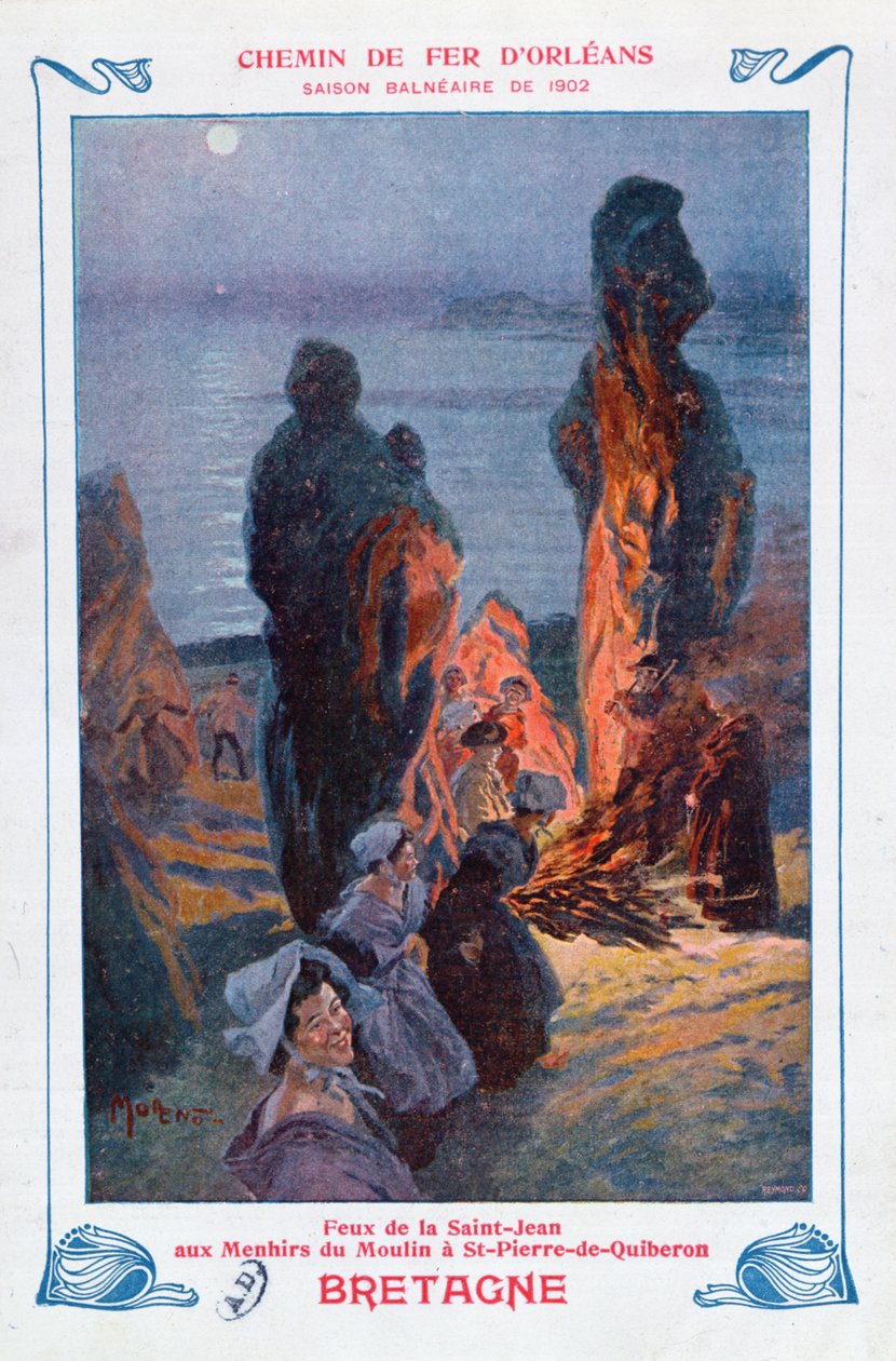 Bål tændt for at fejre sommersolhverv i Saint-Pierre-de-Quiberon, Bretagne, plakatannonce for Orleans Railway, 1902 af Jose Moreno Carbonero
