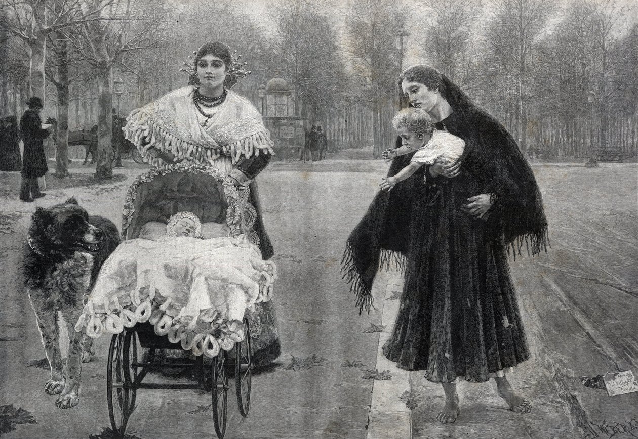 I Tuileriehaven i Paris - Kontrasten - gravering efter maleriet af Jose Villegas Cordero (1844-1921) af Jose (after) Villegas y Cordero