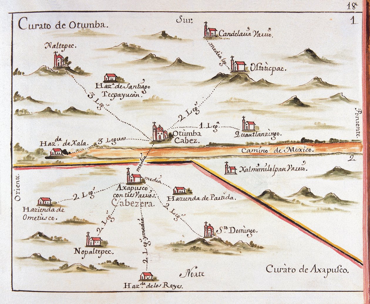 ALZATE, Jose Antonio (1737-1799). Videnskabsmand og forfatter. Plan over ærkebispedømmet Mexico. Otumba sogn (Otumba eller Ozumba) og Axapulco sogn (Acapulco). 1767. Stik af Jose Antonio Alzate. Gravering. SPANIEN. CASTILE-LA-MANCHA. Toledo. Stat P af Jose Antonio Alzate