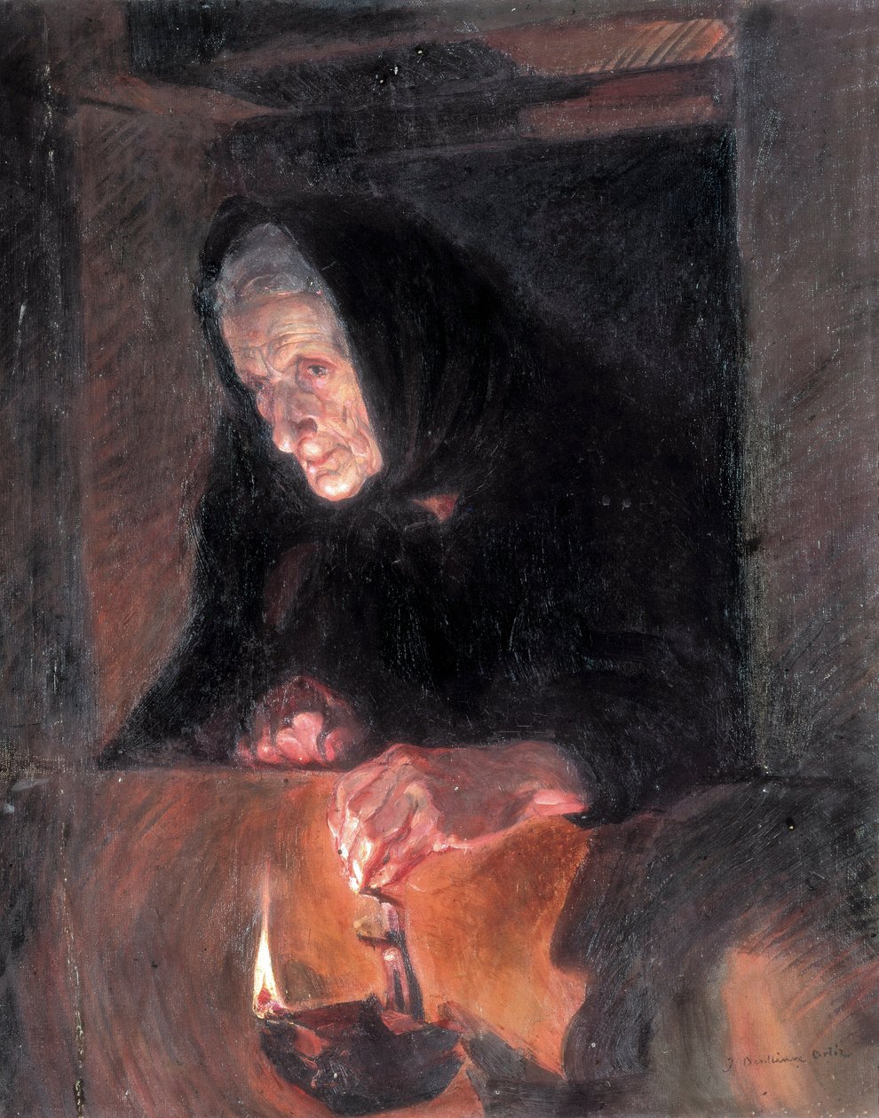 Gammel dame har olielampen. Maleri af Jose BENLLIURE ORTIZ (1884-1916) Olie på lærred. Valencia. Museum of Bellas Artes San Pio V. af Jose Benlliure Ortiz