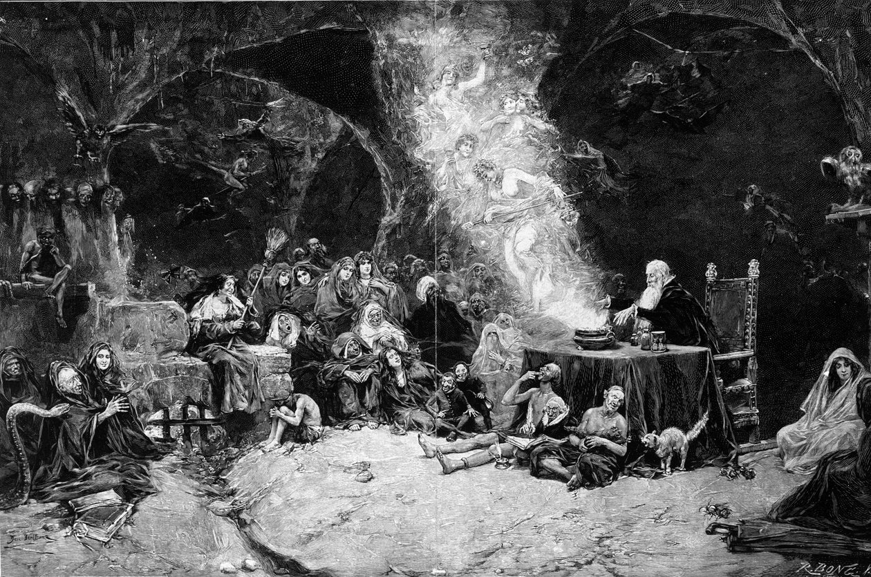 Sabbatsscene, en troldmand præsiderer over ceremonien og tilkalder skabninger i en magisk kedel. Hekse overværer scenen. Fra en tegning af Jose Benlliure y Gil (1855-1937) af Jose Benlliure y Gil