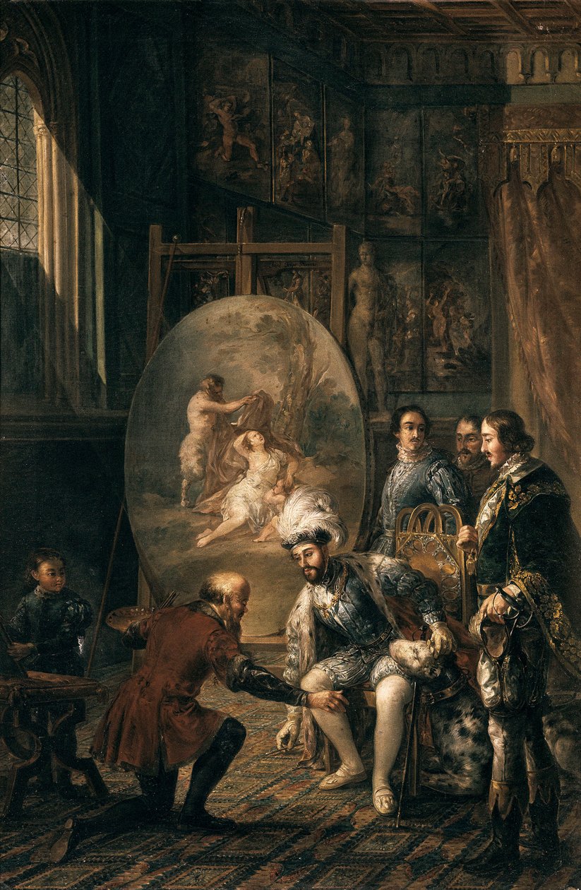 ""kejseren Charles V (1500-1558) tog penselen op af maleren Tiziano Vecellio sagde Tizian (1485-1576), maler ved kejserens hof"" Maleri af Jose Felipe Parra (1824-1864) Valencia fra det 19. århundrede , Museo de Bellas Artes San Pio V af Jose Felipe Parra