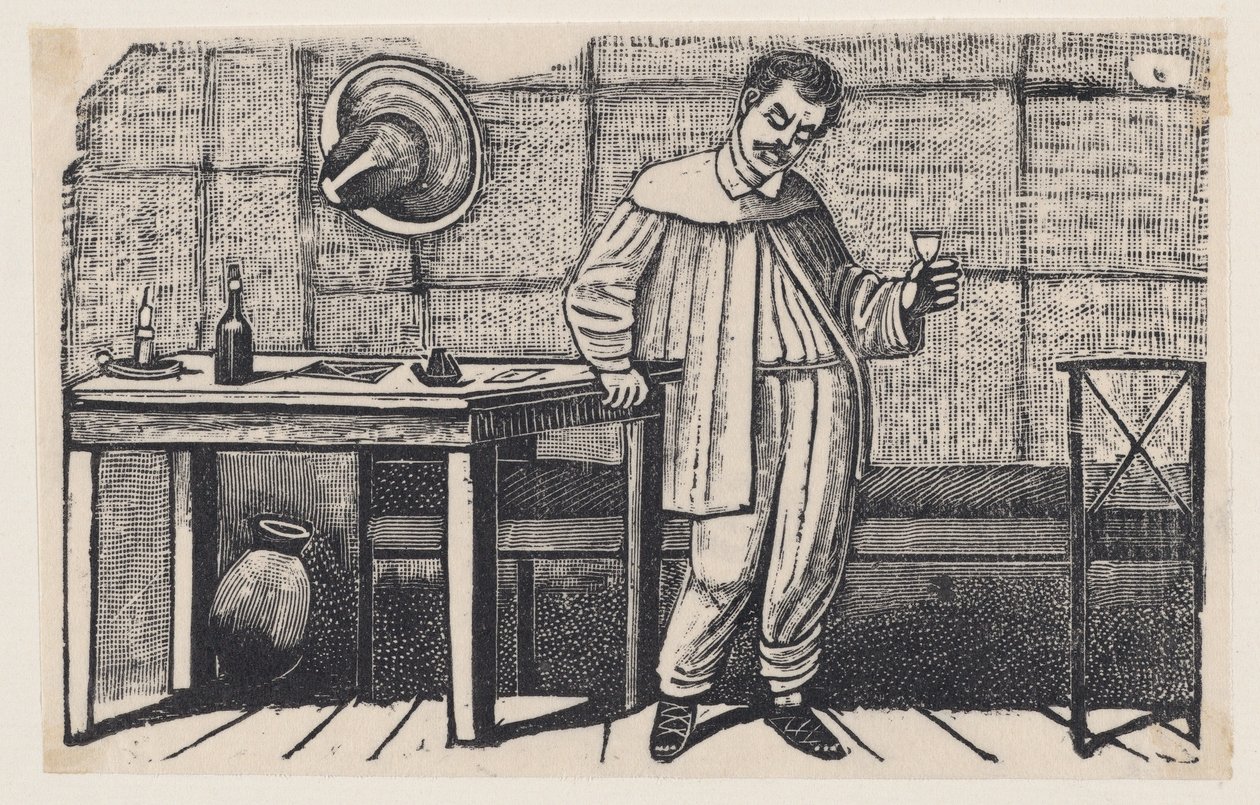 En mand med et glas i hånden, der ser nedad og læner sig mod et bord, en illustration fra «El huérfano» af José Guadalupe Posada