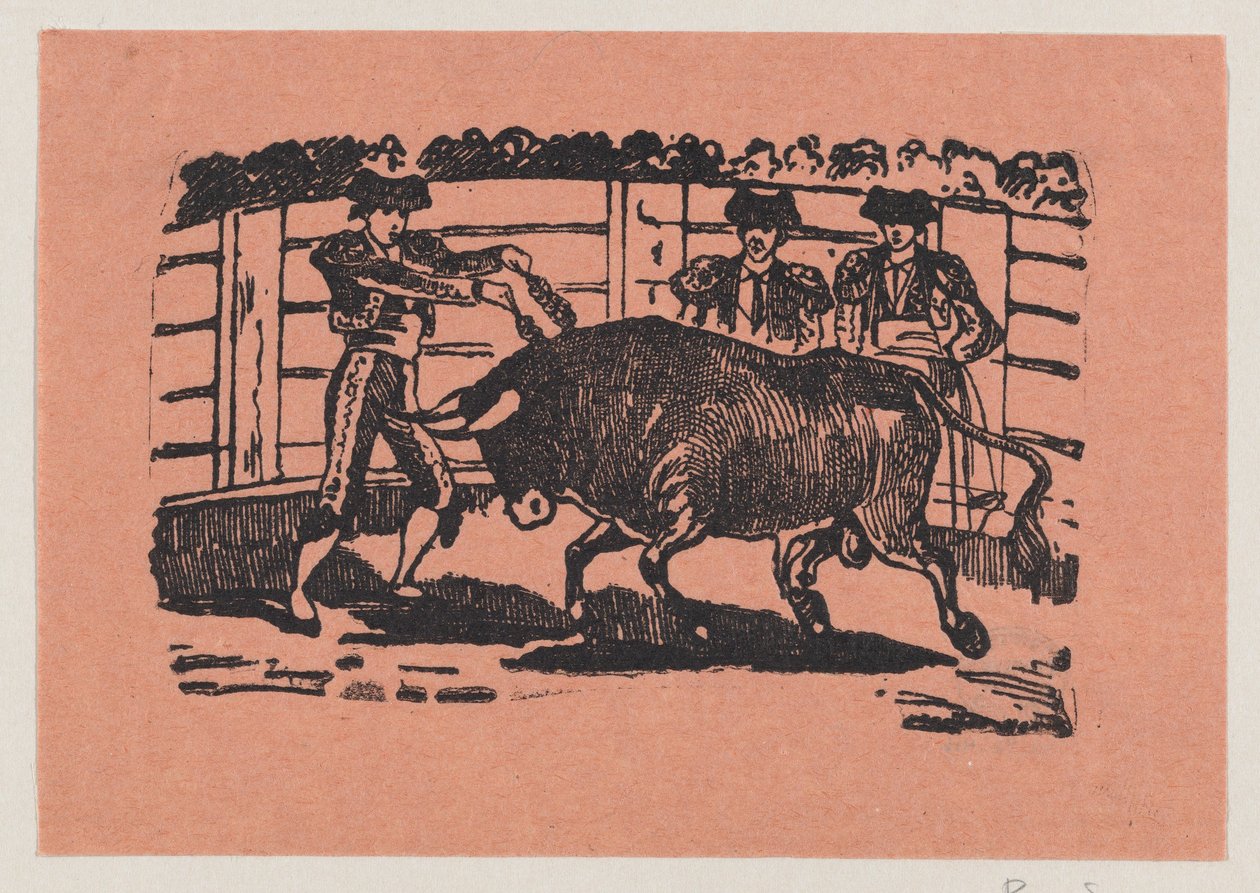 Ein Torero platziert Banderillas in die Schultern des Stiers, während zwei Männer hinter dem Stier stehen af José Guadalupe Posada