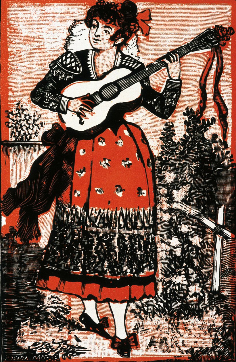 Cover af en sangbog, der repræsenterer en mexicansk kvinde med en guitar. Gravering af Jose Guadalupe POSADA (1852-1913). Gravering af José Guadalupe Posada