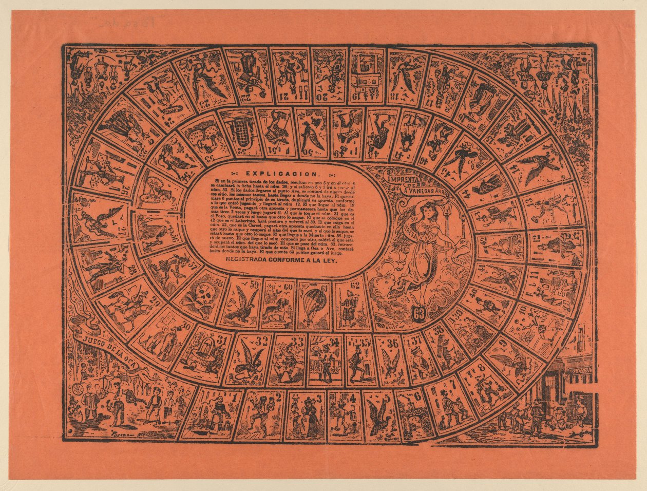 Gänsespiel (mit den Regeln in der Mitte gedruckt) af José Guadalupe Posada