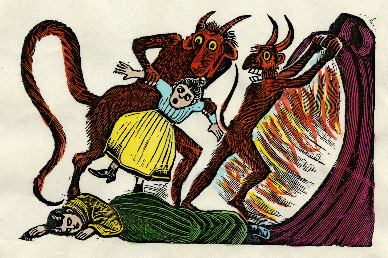 José Guadalupe Posada (1852 - 1913). Josephina Lora trækkes ind i helvede af en djævel. Xylografisk akvarel, Mexico City af Jose Guadalupe Posada