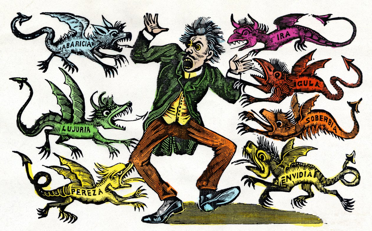 José Guadalupe Posada (1852 - 1913): Allegori over de syv dødssynder. Akvarel med xylografisk gravering. Mexico af Jose Guadalupe Posada