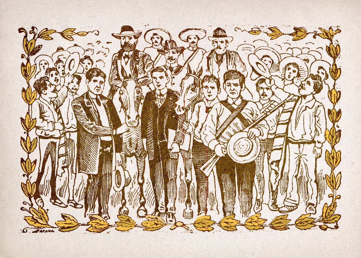 Mexico, mexicansk revolution: "" El Triunfo de Madero "" (Francisco Indalecio Madero Gonzalez (1873-1913) valgt til præsident med støtte fra de revolutionære Villa og Zapata. Portræt til hest midt i mængden af hans tilhængere. Gravering af af José Guadalupe Posada