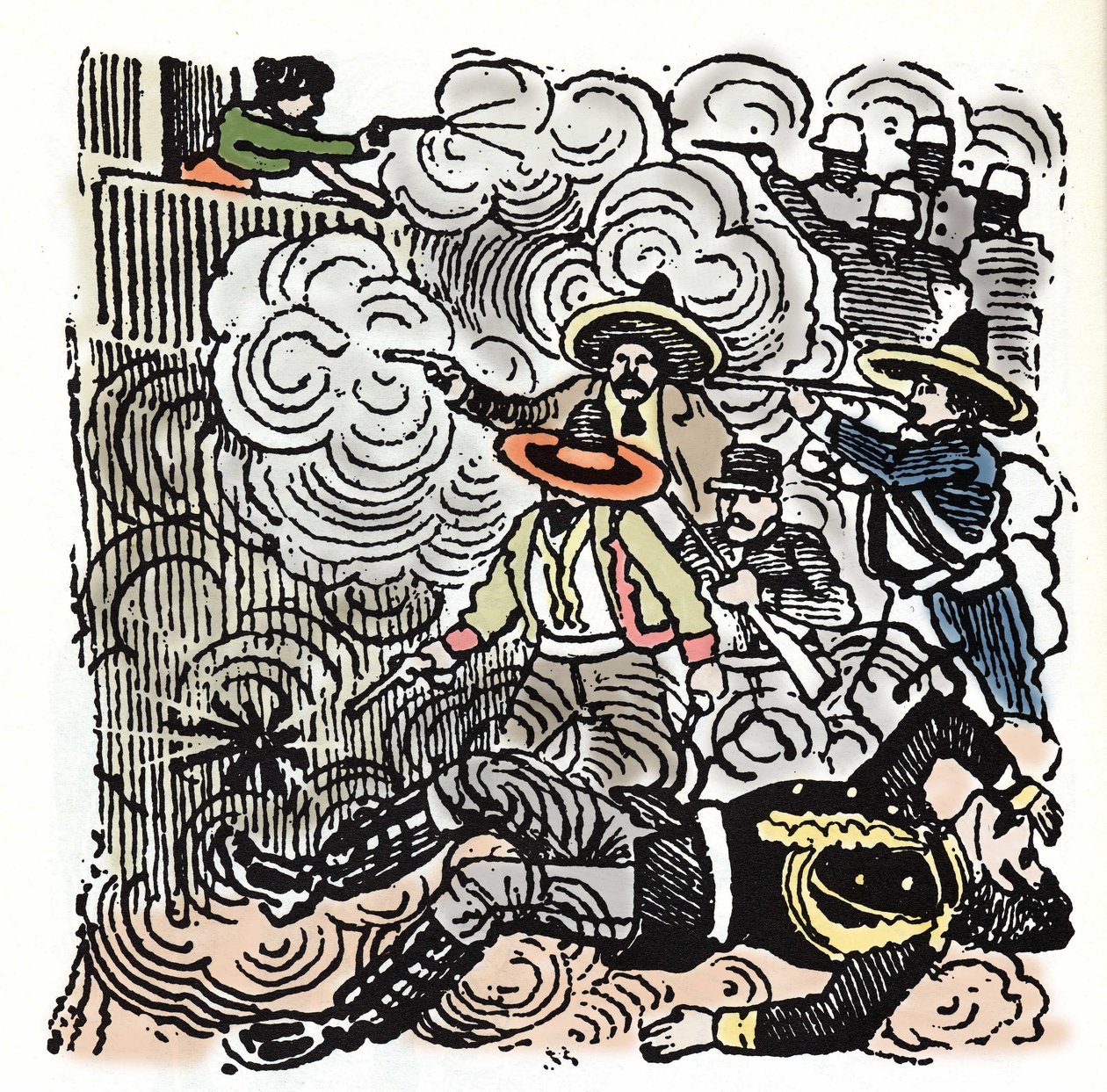 Den mexicanske revolution (1910-1920): angreb på Aquiles Serdans hus (1876-1910). Xylografi af Jose Guadalupe Posada (1852-1913). af José Guadalupe Posada