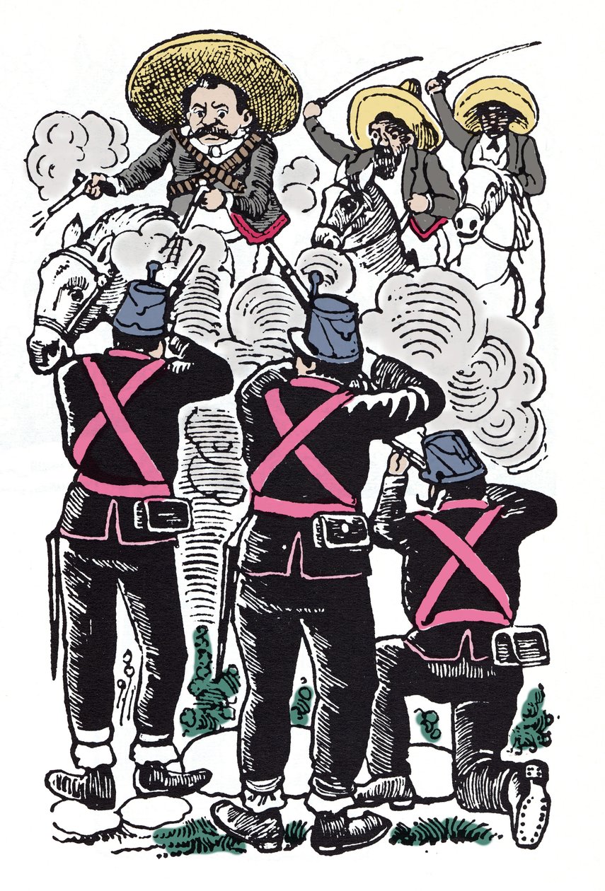 Den mexicanske revolution (1910-1920): De føderales kamp mod de revolutionære tropper fra Emiliano Zapata (kendt som El Caudillo del Sur). af José Guadalupe Posada