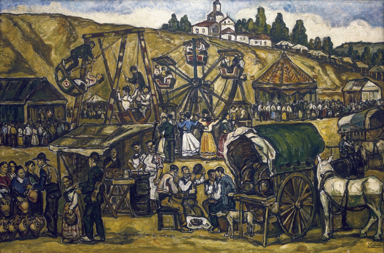 GUTIERREZ SOLANA, Jose (1886-1945). Festival in San Isidro grassland in Madrid (fest på engen i San Isidoro, Madrid). 1933. Olie på lærred. Privat samling af Jose Gutierrez Solana