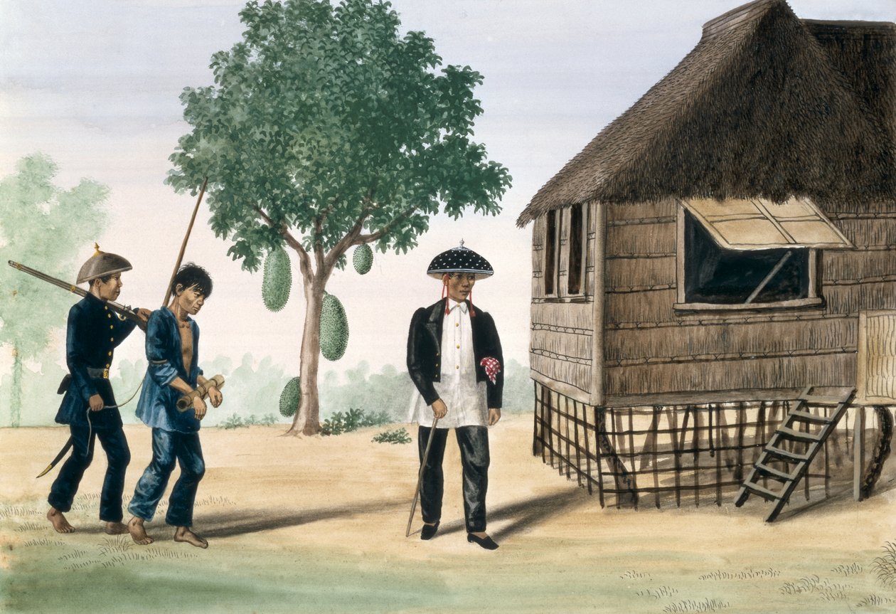 En fange ført af en politimand og en rådmand, fra "The Flebus Album of Views In and Around Manila", ca. 1845 af Jose Honorato Lozano