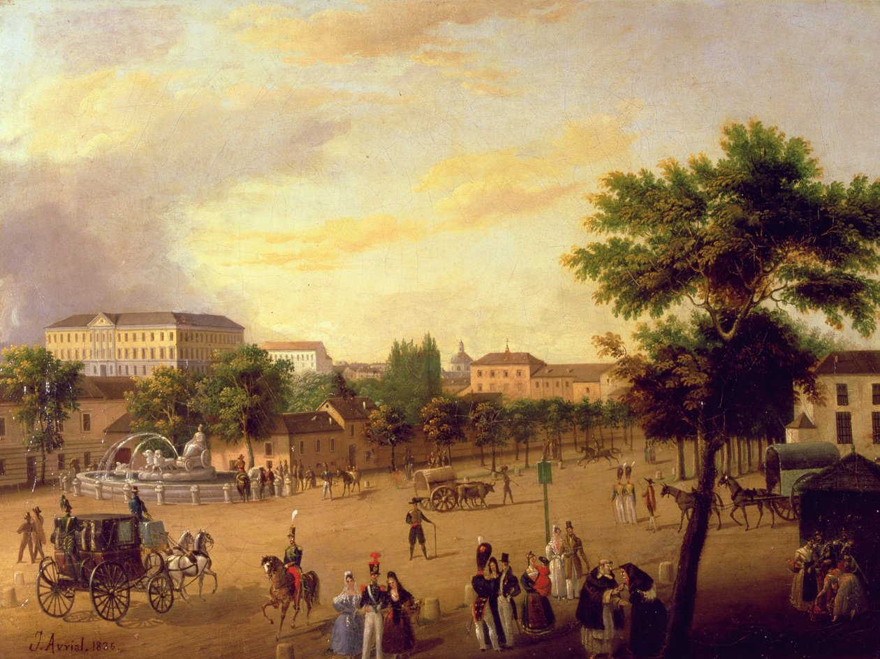 Udsigt over Cibeles-fontænen og Buenavista-paladset i Madrid af Jose Maria Avrial Y Flores