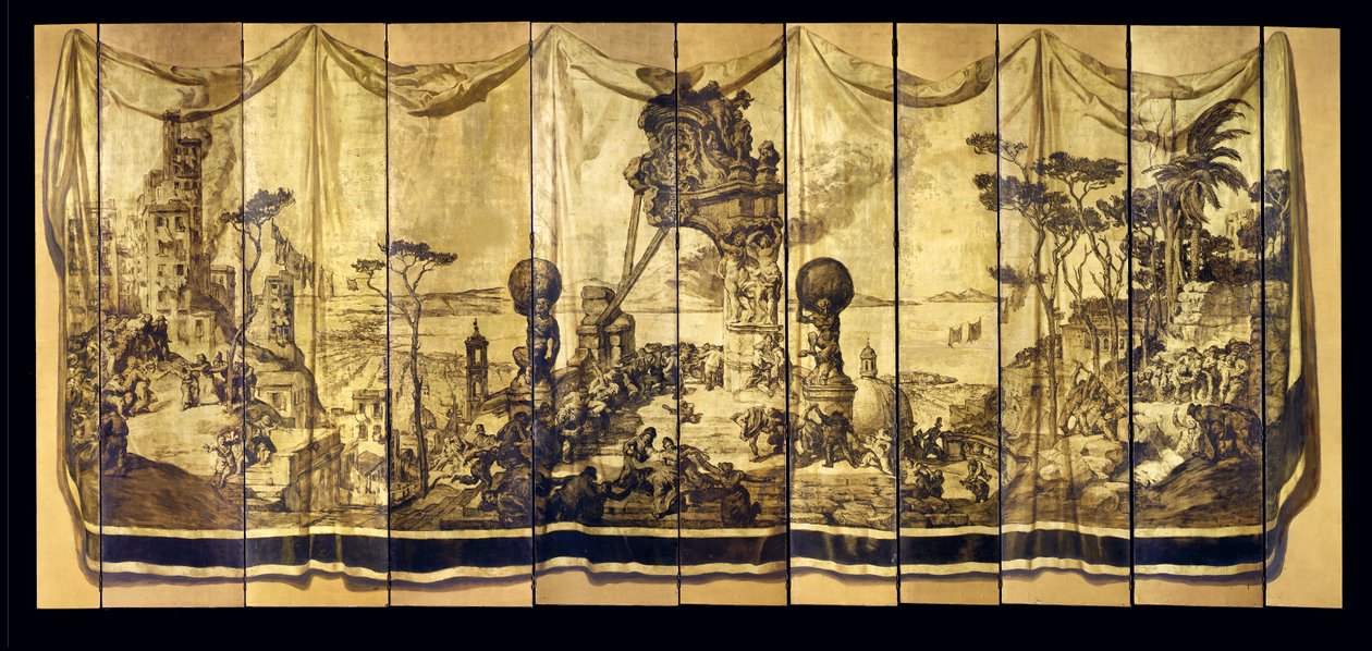 Vision Mediterranea, elleve-blads skærm, ca. 1925 (olie på forgyldt træpanel) af Jose Maria Sert y Badia