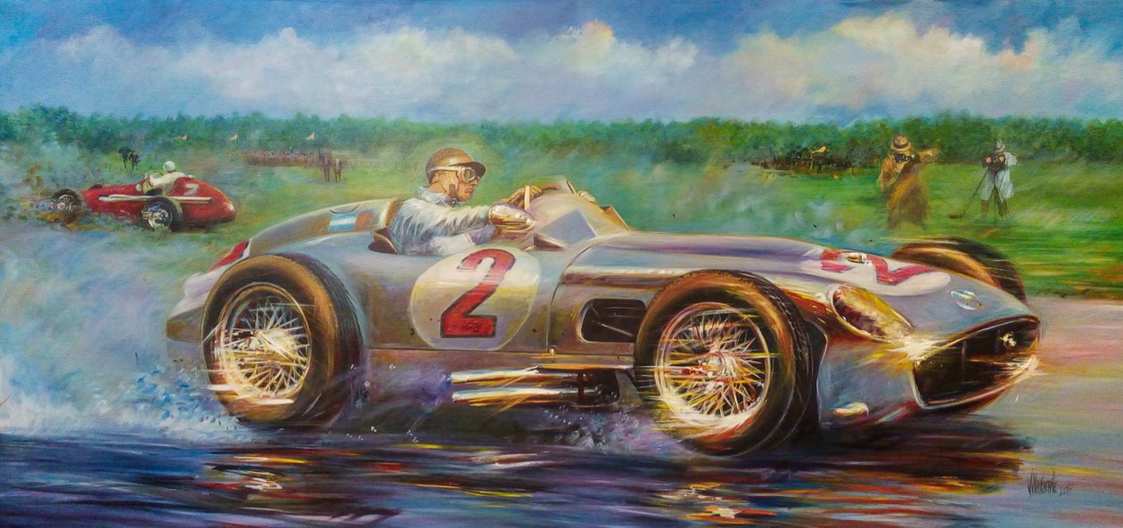 Juan Manuel Fangio, City of Buenos Aires Grand Prix 1955, Argentina, Mercedes Benz 196 W. (akryl på lærred) af Jose Maria Villafuerte