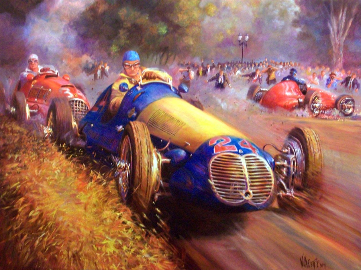 Juan Manuel Fangio kører Maserati 4Cl Skoven i Palermo Buenos aires af Jose Maria Villafuerte