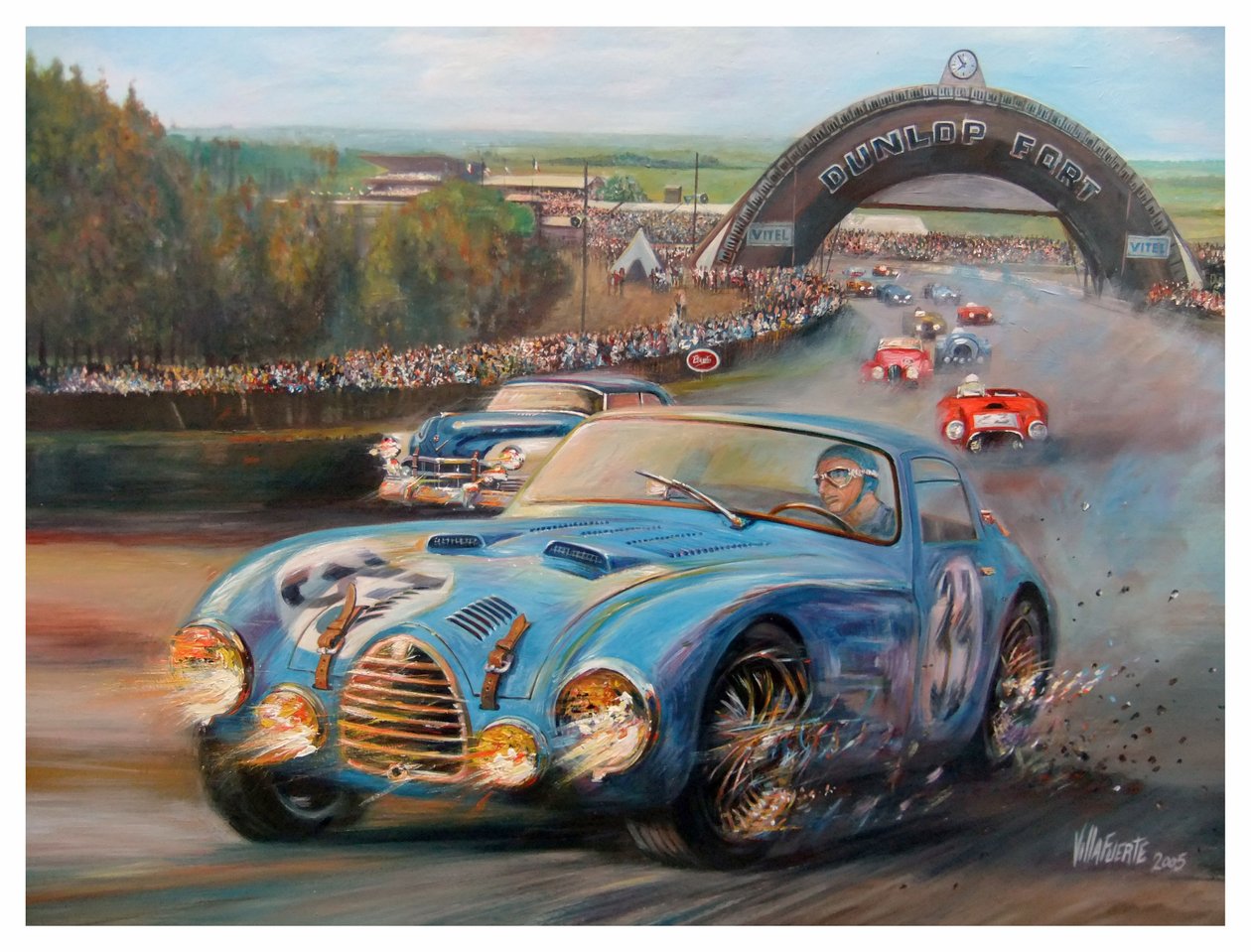 John Manuel Fangio på Le Mans 1950 Gordini Typr 18S (akryl på lærred) af Jose Maria Villafuerte