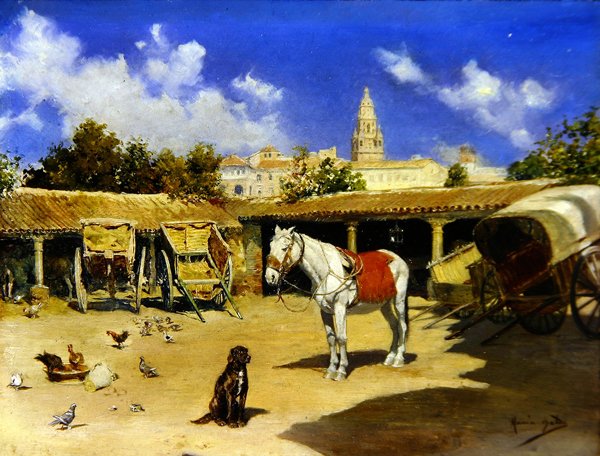 En gårdhave i Murcia med katedraltårn (olie på panel) af Jose Marin Baldo