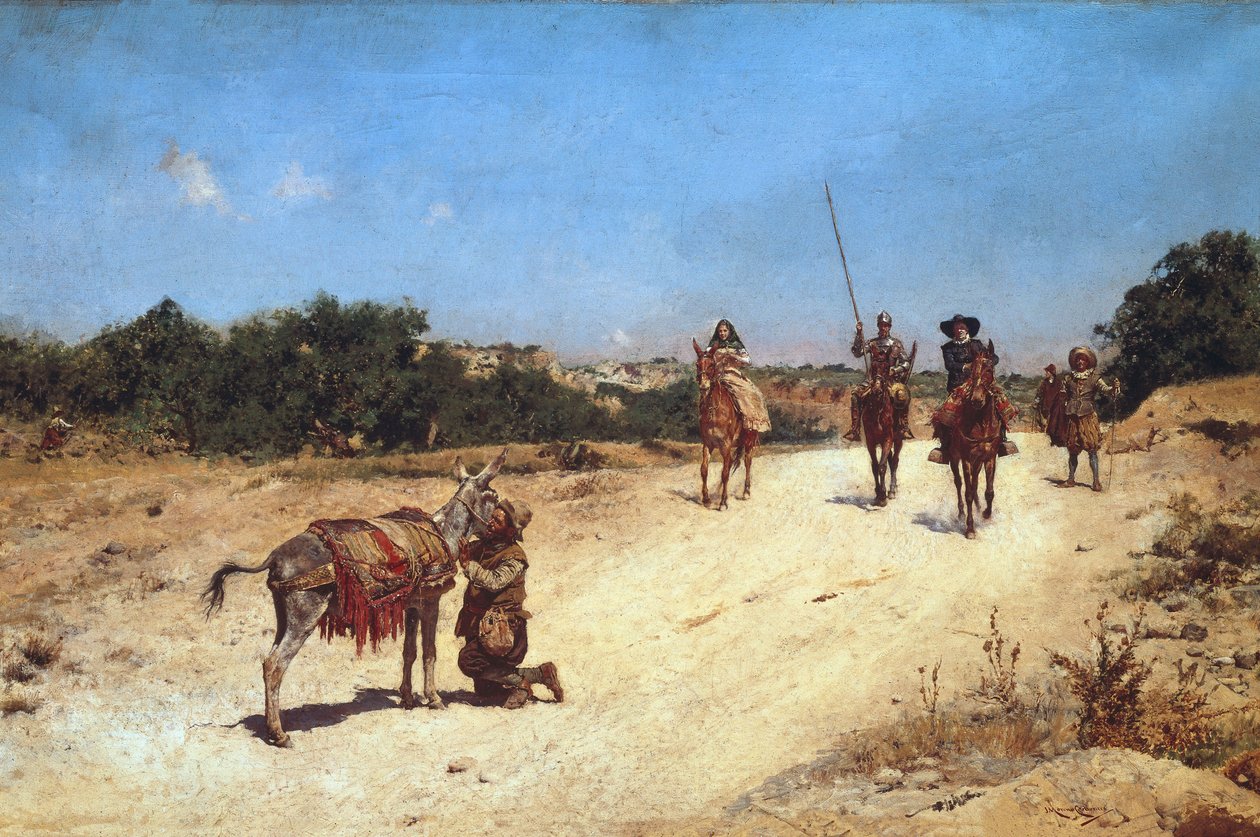 Mødet mellem Sancho Panza og hans æsel Rucio, Illustration af Don Quixote, ca. 1878 (olie på lærred) af Jose Moreno Carbonero