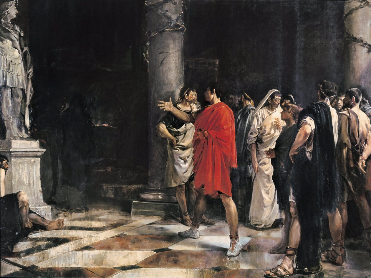 Jules Cesar (Caius Iulius Cæsar) (101-44 f.Kr.) stående foran statuen af Alexander den Store i templet for Hercules af Cadiz (Gadir) (olie på lærred) af Jose Morillo Ferrada