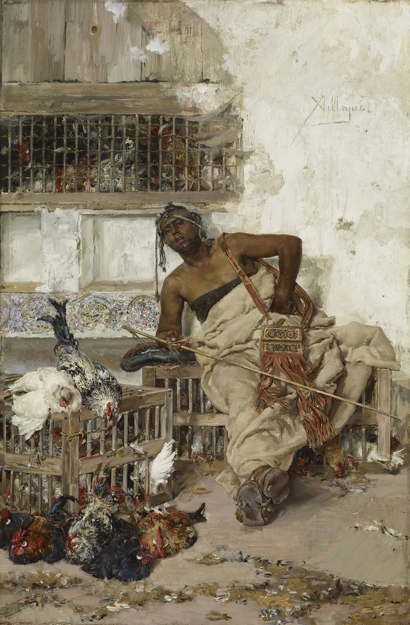 Fjerkræmarked, Tanger, ca. 1881 (olie på træ) af Jose Villegas Cordero