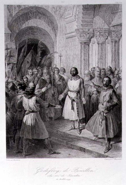 Godfrey of Bouillon (ca. 1060-1100) valgt til konge af Jerusalem, graveret af Leopold Massard (1812-89) (gravering) af Jose de (after) Madrazo y Garreta