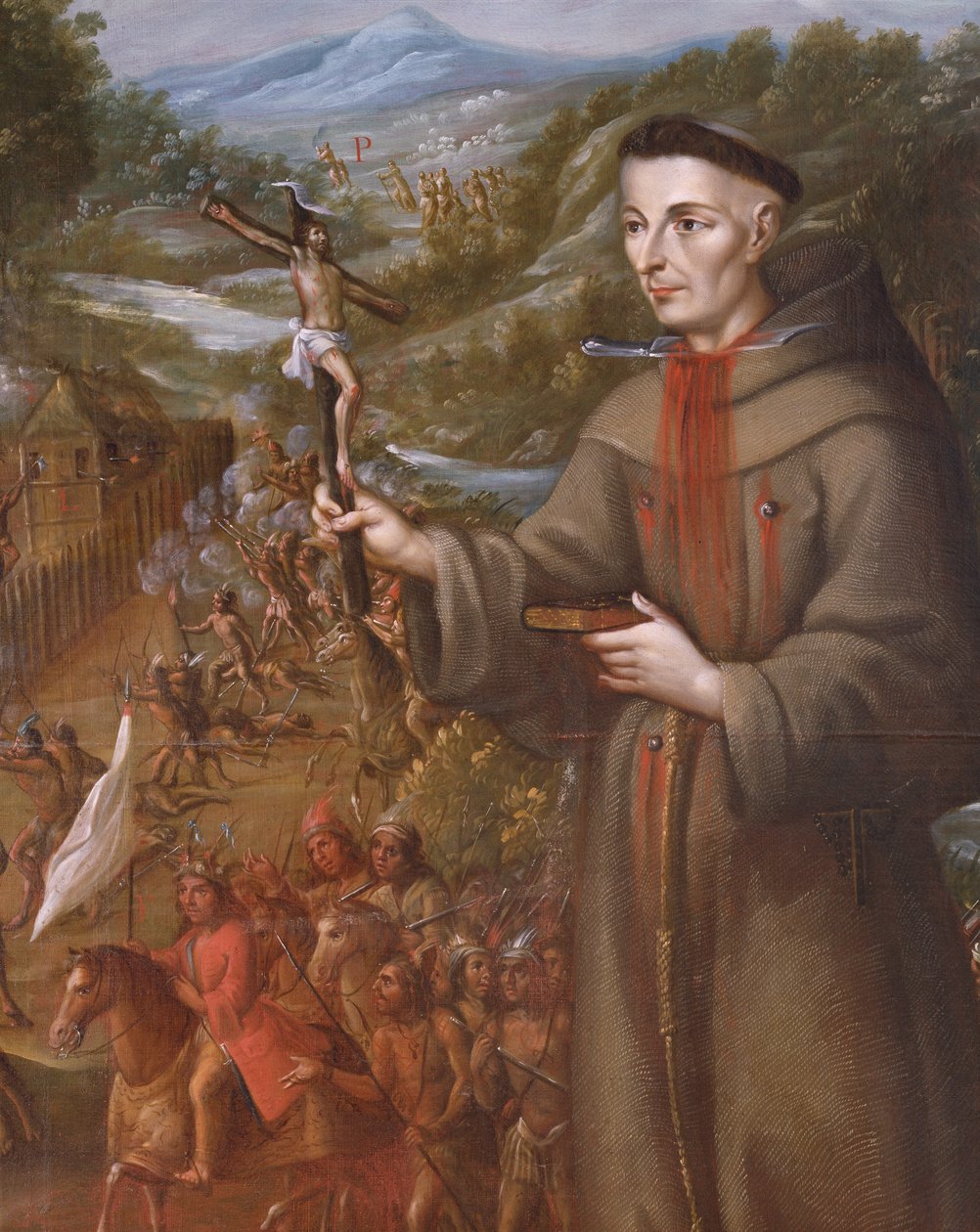 Indianernes ødelæggelse af St. Sabas mission i Texas og martyrdøden for franciskanerbroderen Jose de Sanriesban (detalje) (olie på lærred) af Jose de or Joseph Paez