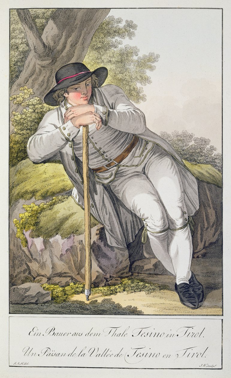 En bonde fra Tesino-dalen i Tyrol, fra en samling af 24 farveplader, udgivet ca. 1800 af Josef Anton Kapeller